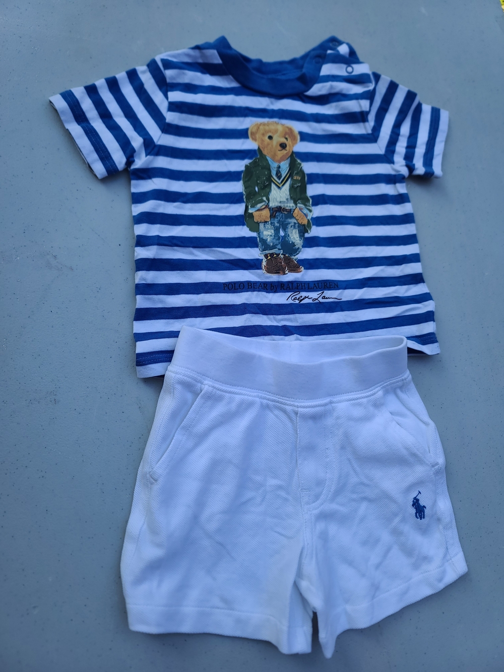 Polo by Ralph Lauren Blue & White Striped Bear Tee with White Shorts Set